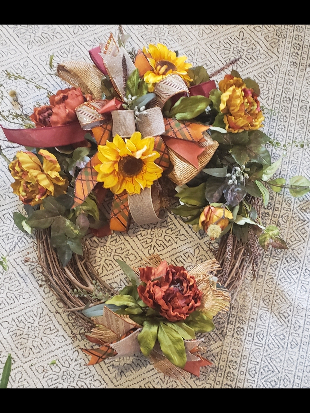 Autumn Sunflower and Peony Grapevine Wreath - Yellow & Orange